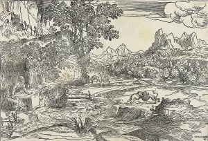 Campagnola Domenico Prints: Saint Jerome in the Wilderness with Fighting Lion and Bear