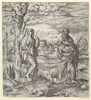 Giulio Prints: Saint John and Anthony in a Landscape, ca. 1544-45. Creator: Master IQV
