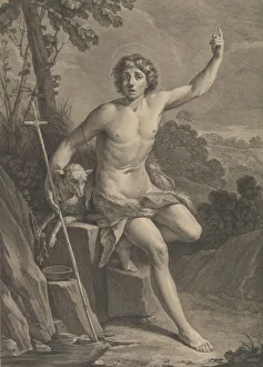 Animal Skin Prints: Saint John the Baptist in the desert, seated on a rock and pointing upward with his left