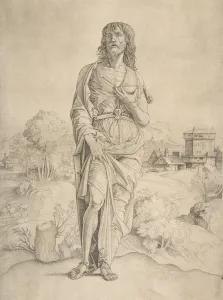 Saint John the Baptist standing in landscape, figures and buildings in the backgrou Saint John the Baptist standing in landscape, figures and buildings in the backgrou