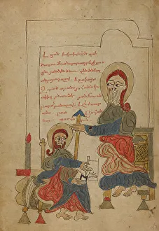 Saint John the Evangelist Dictating; Gospel Book, 1386. Creator: Unknown
