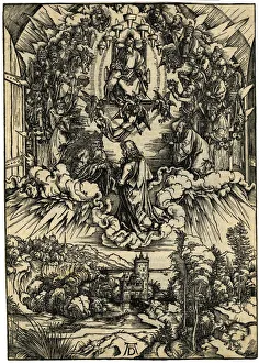 Saint John kneeling before Christ and the twenty-four elders. From Apocalypsis cum Figuris, 1498 Saint John kneeling before Christ and the twenty-four elders. From Apocalypsis cum Figuris, 1498