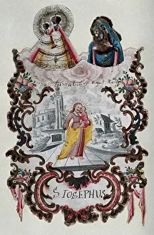 Silver Paint Prints: Saint Joseph holding the Christ Child beneath two images of the Virgin and Child