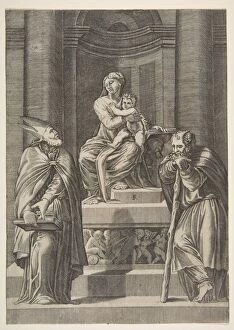 Marco Dente Gallery: Saint Joseph at left and a bishop at right standing before the altar of the Virgin