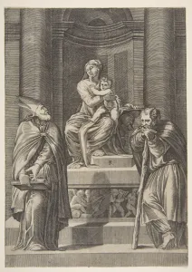 Marco Dente Gallery: Saint Joseph at left and a bishop at right standing before the altar of the Virgin