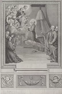Bernardino Collection: Saint kneeling before a vision of the Virgin Mary. Creator: Unknown