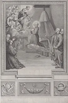 Bernardino Collection: Saint kneeling before a vision of the Virgin Mary. Creator: Unknown