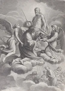 Noel Prints: Saint Louis of France received into heaven by Christ and two angels who offer him the c