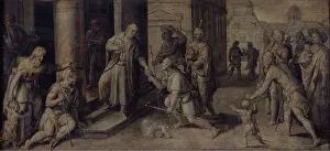 Marten De Vos The Elder Prints: Saint Luke Giving three Pilgrims Alms, c1560-1600. Creator: Martin de Vos