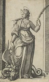 Marcantonio Gallery: Saint Margaret standing, a dragon at the left, from the series Piccoli Santi (S... ca