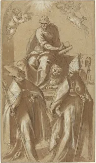 Saint Mark Prints: Saint Mark with Two Bishops and Putti, c. 1580. Creator: Jacopo Palma