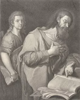 Saint Matthew, standing before a book at right with a hand on his chest, another man be