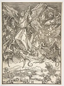 Metropolitan Museum Prints: Saint Michael and the Dragon, from The Apocalypse, ca. 1498. Creator: Albrecht Durer