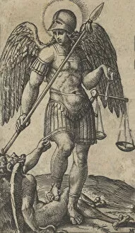 Images Dated 3rd December 2020: Saint Michael holding scales and a lance, a demon beneath him, from the series P... ca