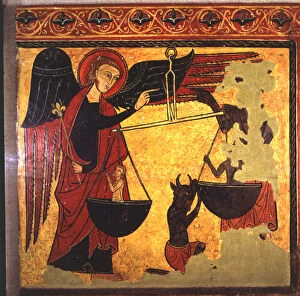 National Museum Of Art Of Catalonia Gallery: Saint Michael weighing souls and demon trying to appropriate them. Painting on wood