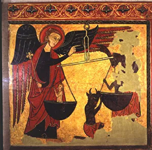 Spain Catalonia Barcelone Prints: Saint Michael weighing souls and demon trying to appropriate them. Painting on wood