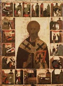 Novgorod School Gallery: Saint Nicholas with scenes from his life, 14th century. Artist: Russian icon