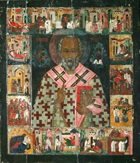 Saint Nicholas with Scenes from His Life, 16th century. Artist: Russian icon Saint Nicholas with Scenes from His Life, 16th century. Artist: Russian icon