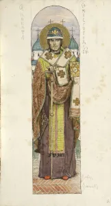 Gold Und White Colours On Paper Prints: Saint Nikita, Bishop of Novgorod (Study for frescos in the St Vladimirs Cathedral of Kiev)
