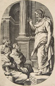 Perino Prints: Saint Paul Preaching, an oval composition, 1547. Creator: Giulio Bonasone