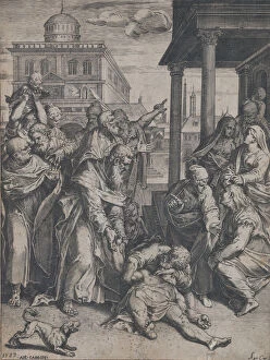 Agostino Carracci Collection: Saint Paul raising Patroclus who is on the ground, surrounded by a group of onlookers