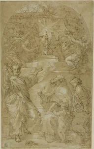 Eucharist Prints: Saint Peter, Saint Augustine and a Female Saint in Adoration of the Eucharist