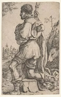 Caletti Giuseppe Gallery: Saint Roch, kneeling on a stone, seen from the side with his dog behind him... 1620-30