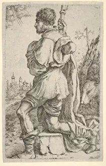 Saint Roch, kneeling on a stone, seen from the side with his dog behind him and a towns