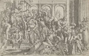 Pietro Prints: Saint Roch at left distributing alms to a group of people gathered around him, after