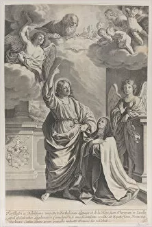 Saint Theresa praying alongside Christ, who points upwards to God the Father and