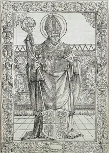Crosier Prints: Saint Willibald (recto); Christ on the Cross (verso), Printed 1517. Creator: Unknown