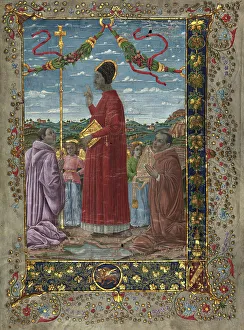 Forgery Prints: Saints with attendants, 20th-century painting on 14th-century antiphonary