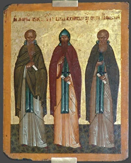 Saints Chariton the Confessor, Barlaam of Khutyn and Sergius of Radonezh, 15th century. Artist: Russian icon