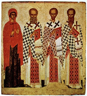 Illustration And Painting Collection: Saints Paraskeve, Gregory the Theologian, John Chrysostom and Basil the Great, early 15th century