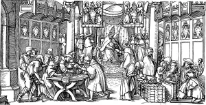 Catholic Church Prints: The sale of indulgences (Detail). Artist: Lutzelburger, Hans (?-1526)