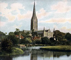 Serenity Prints: Salisbury Cathedral as seen from the River Avon, Salisbury, Wiltshire, early 20th century