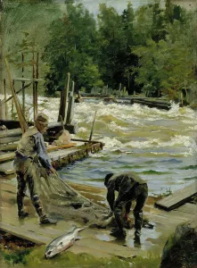 Ray Finned Fish Prints: Salmon Fishing, 1892. Creator: Gunnar Berndtson