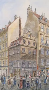Watercolor On Paper Prints: The Salzgries in Vienna (corner of Tiefer Graben), 1904. Creator: Gustav Korompay