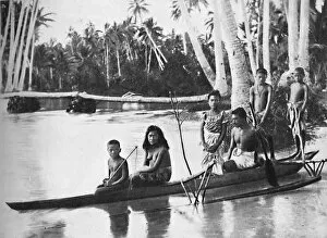 Samoa Gallery: A Samoan canoe with outrigger, and its occupants, 1902. Artist: Kerry & Co