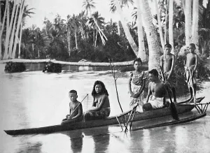 Samoa Gallery: A Samoan canoe with outrigger, and its occupants, 1902. Artist: Kerry & Co