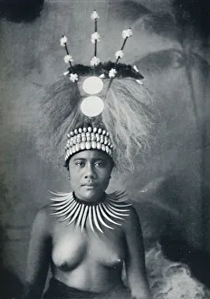 Samoa Gallery: A Samoan woman wearing a collar of cachalots teeth and a ceremonial headdress, 1902