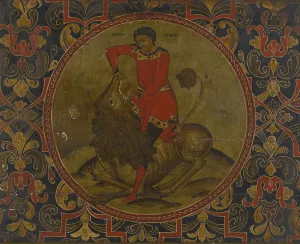 Samson Gallery: Samson Fighting the Lion, Early 18th century. Artist: Russian icon