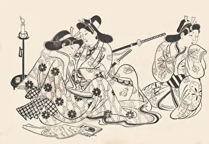 Jihei Sugimura Prints: Samurai and Courtesan Seated; A Servant Beside Them, ca. 1685. ca. 1685