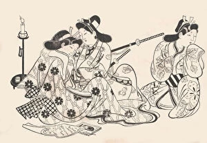 Calligraphy Set Gallery: Samurai and Courtesan Seated; A Servant Beside Them, ca. 1685. ca. 1685