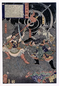 Assaulting Gallery: Samurai fighting against monkeys, 19th century