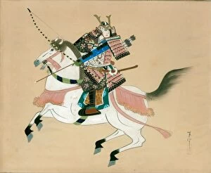 Aiming Collection: Samurai Warrior riding a horse. A Japanese painting on silk, in a traditional Japanese style