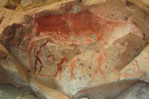 Red Ochre Prints: San rock painting in the Drakensberg Mountains in South Africa