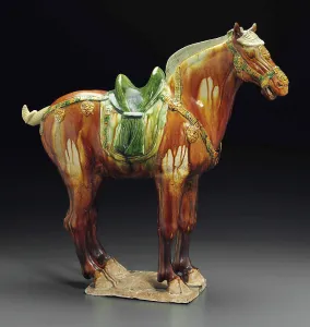 Glazed Pottery Prints: Sancai (three-color glazed) figure of a horse. Creator: The Oriental Applied Arts