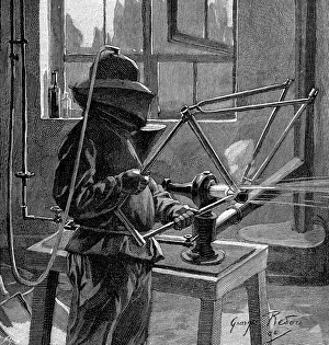 Sandblasting the joints of a bicycle frame, France, 1896