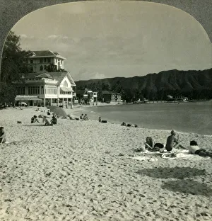 Sunbathing Prints: On the Sands of Waikiki Beach, near Honolulu, Hawaii, c1930s. Creator: Unknown